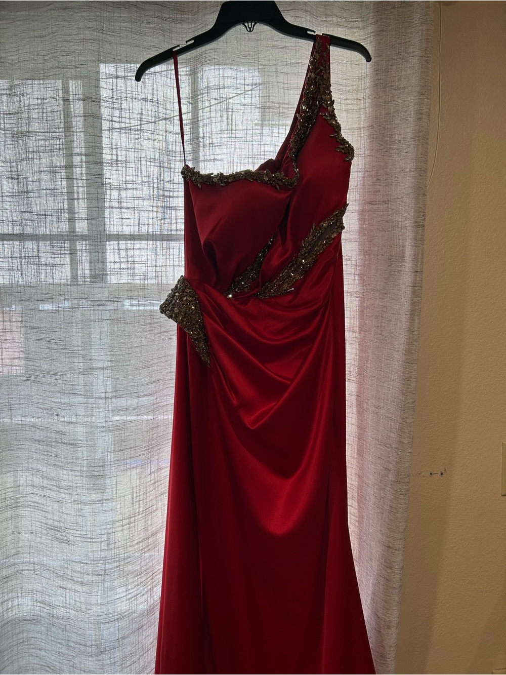 Portia and Scarlett Red One-Shoulder Evening Gown with Gold Beaded Accents
